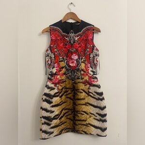 Roberto Cavalli Red and Gold Patterned Mini Dress
